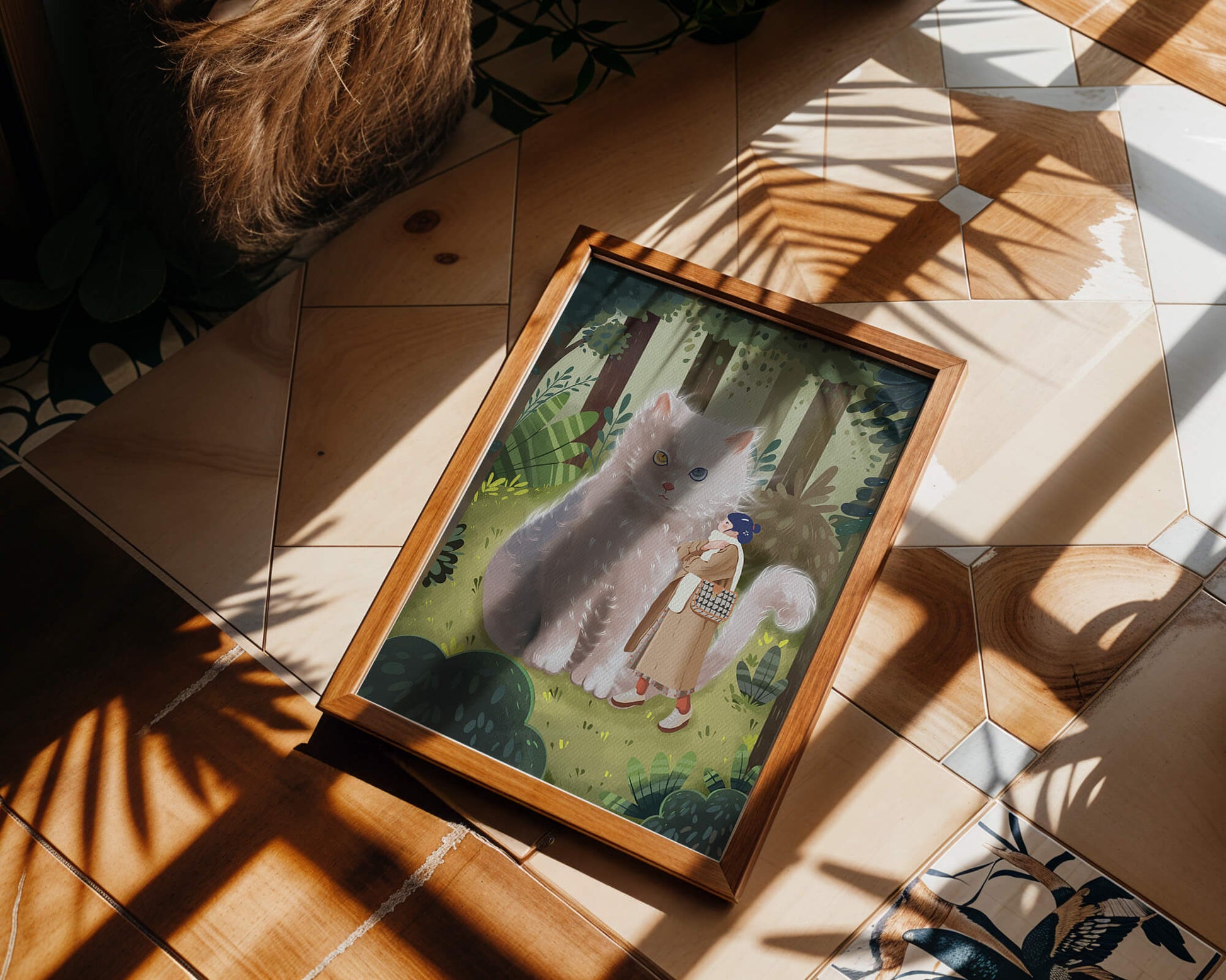 Verzauberter Wald mit einer riesigen Katze und einer Frau