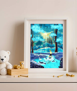 Colorful forest scene with a child and ducks by a stream