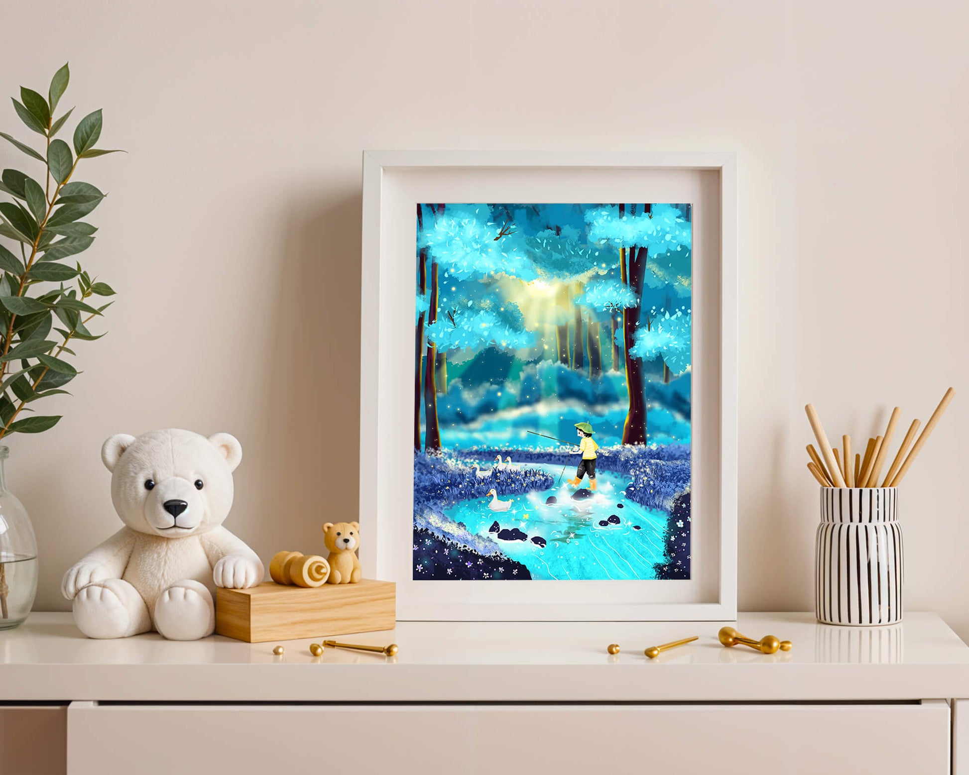 Colorful forest scene with a child and ducks by a stream