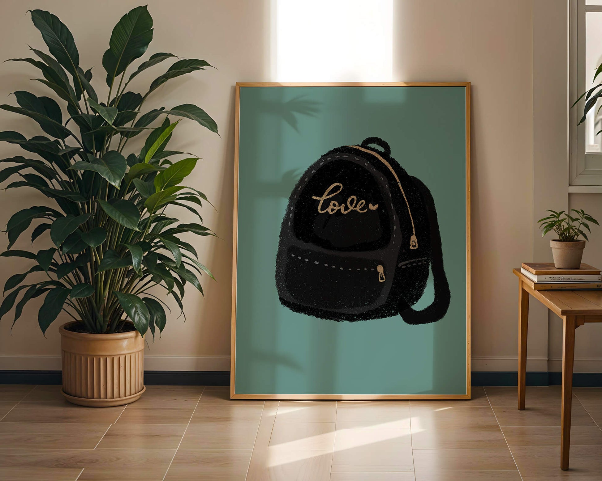 Elegant black backpack with gold accents and love inscription