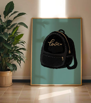 Elegant black backpack with gold accents and love inscription