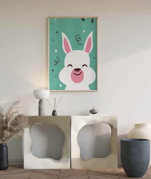 Adorable cartoon bunny on teal background with playful elements