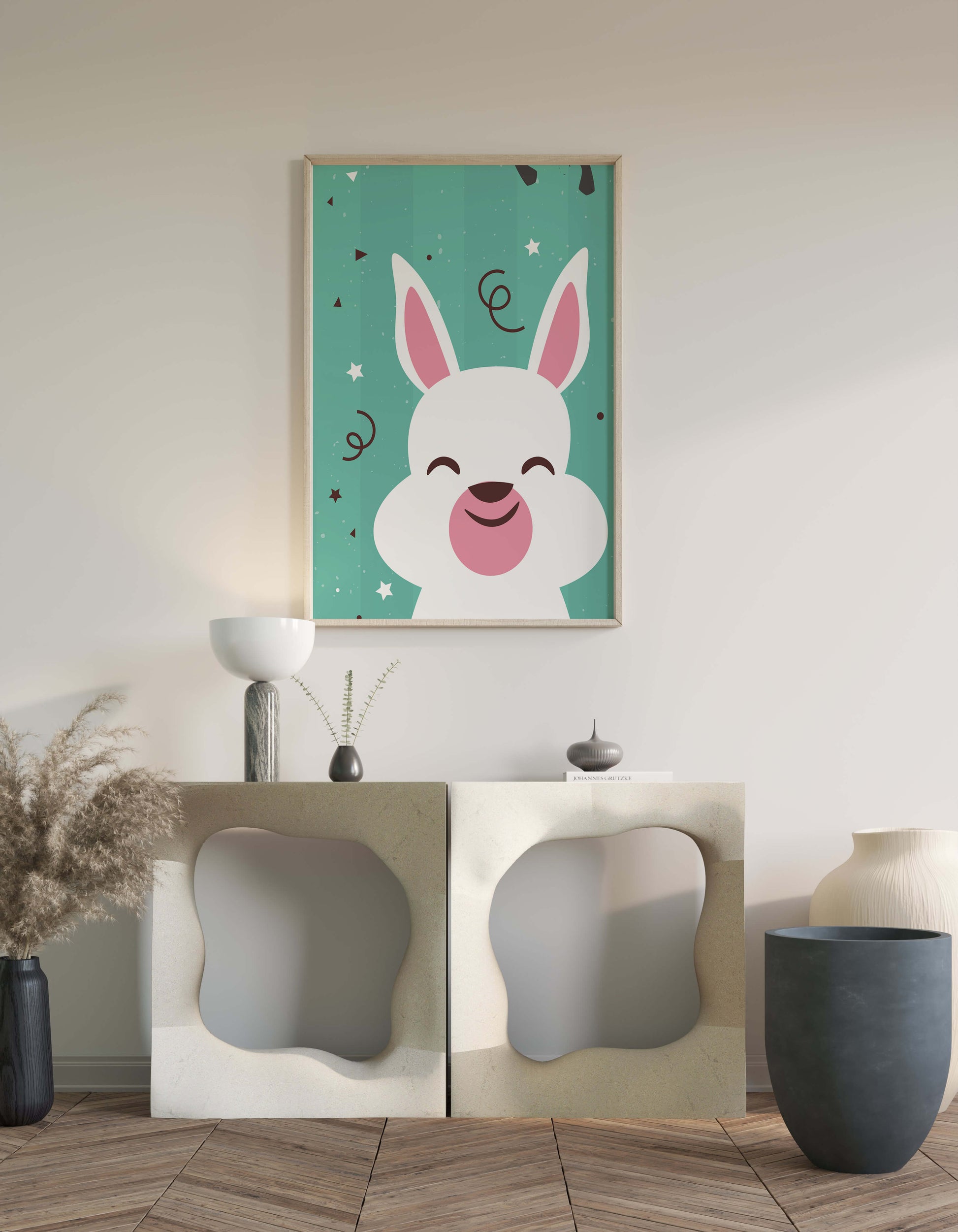 Adorable cartoon bunny on teal background with playful elements