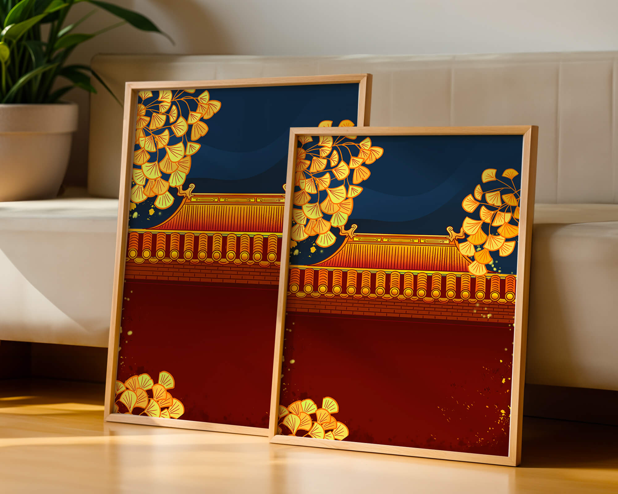 Traditional Asian rooftop with golden foliage on a dark evening sky background
