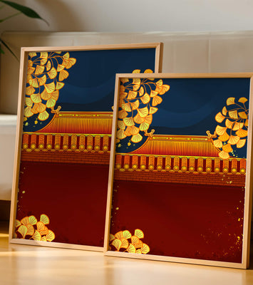 Traditional Asian rooftop with golden foliage on a dark evening sky background