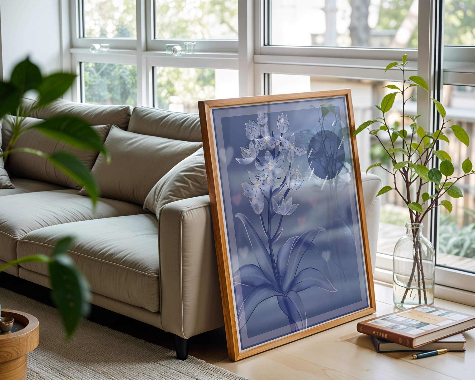 Delicate blue floral illustration with stylish geometric elements