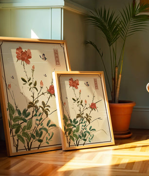 Delicate Floral Art with Red Flowers and Butterflies