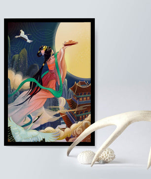 Oriental Fantasy Scene with Woman Offering Gift to the Moon