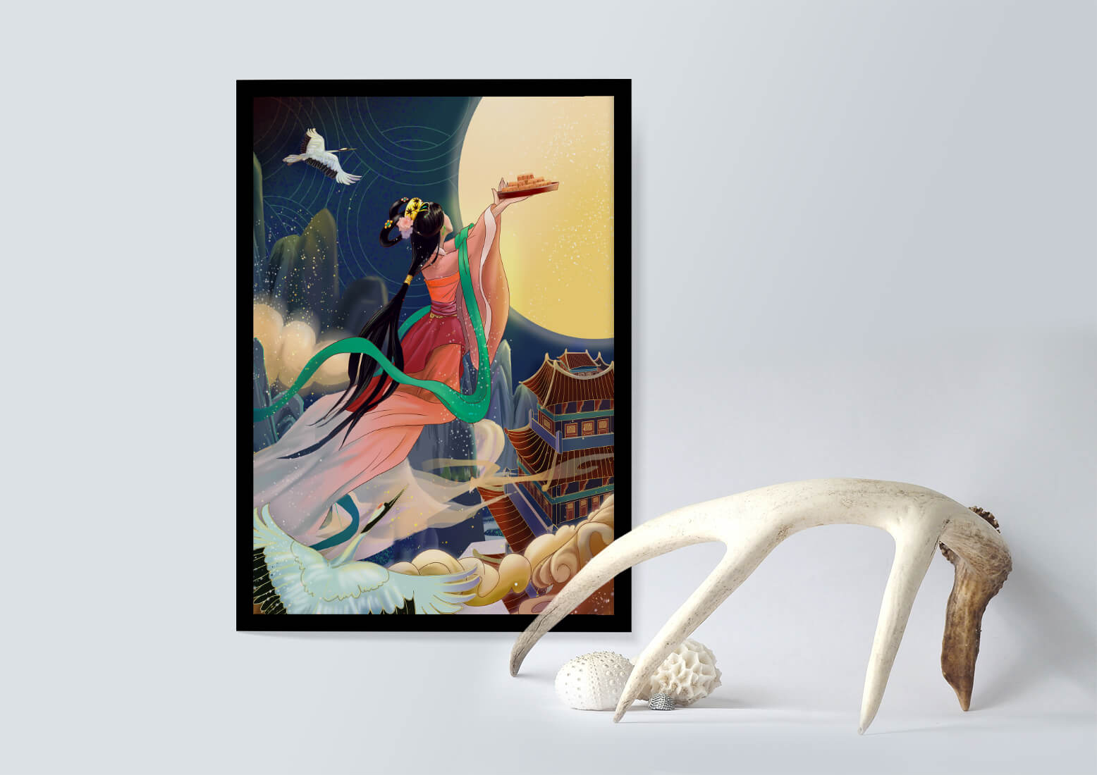 Oriental Fantasy Scene with Woman Offering Gift to the Moon
