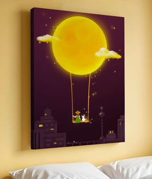 Whimsical night scene with a girl and a rabbit on a swing beneath a glowing moon