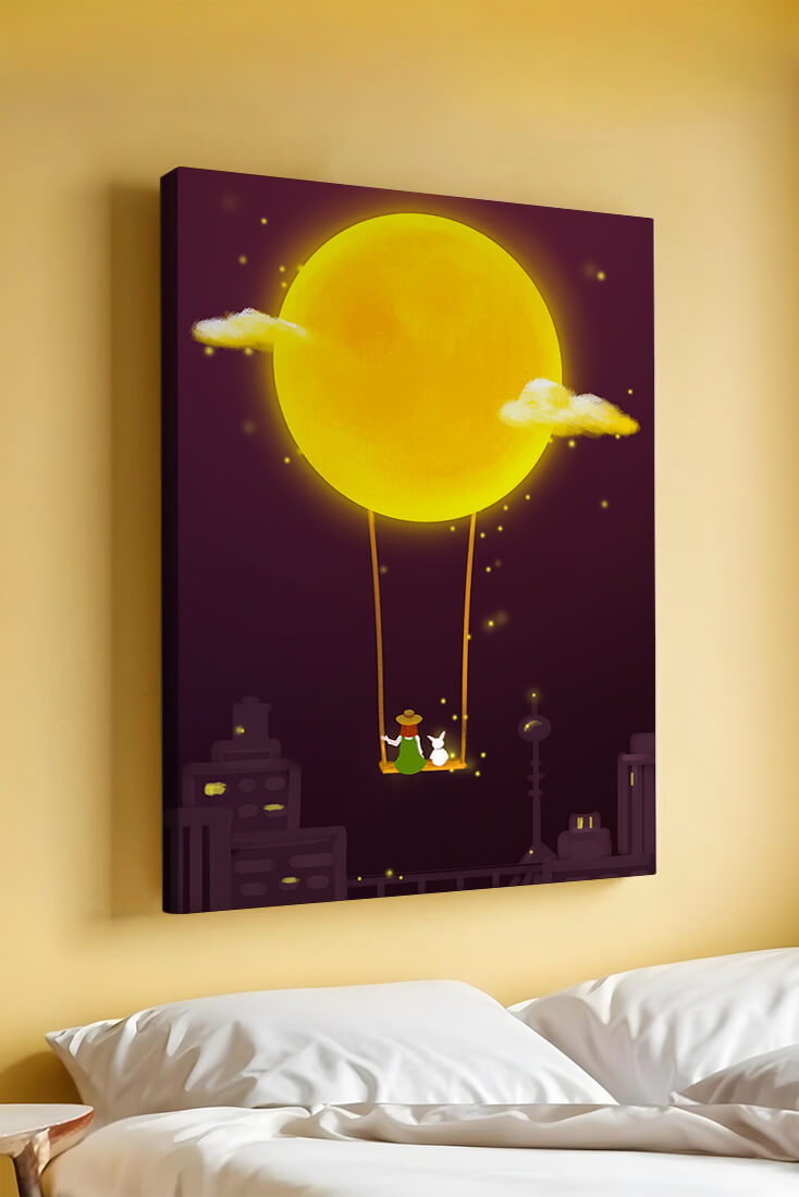 Whimsical night scene with a girl and a rabbit on a swing beneath a glowing moon