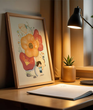 Charming Illustration of Children among Large Flowers with Playful Puppy
