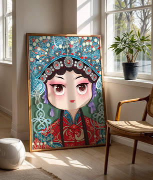Cute Cartoon Character in Traditional Chinese Clothing with Intricate Headpiece