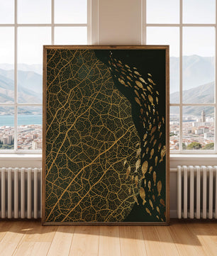 Hoja abstracta con patrón geométrico y siluetas de peces
