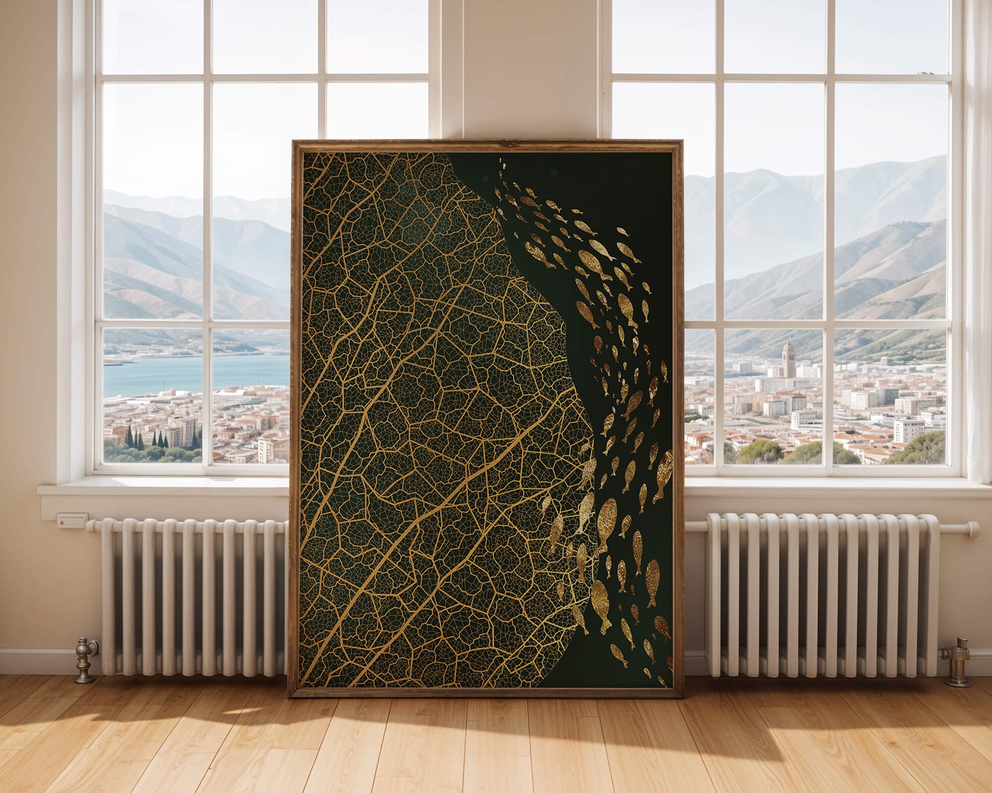 Hoja abstracta con patrón geométrico y siluetas de peces
