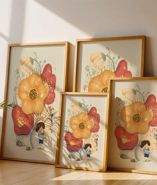 Charming Illustration of Children among Large Flowers with Playful Puppy