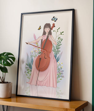 Girl Playing Cello Surrounded by Nature with Butterflies - Mi tienda