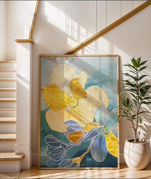 Arte floral abstracto con detalles dorados y tonos azules