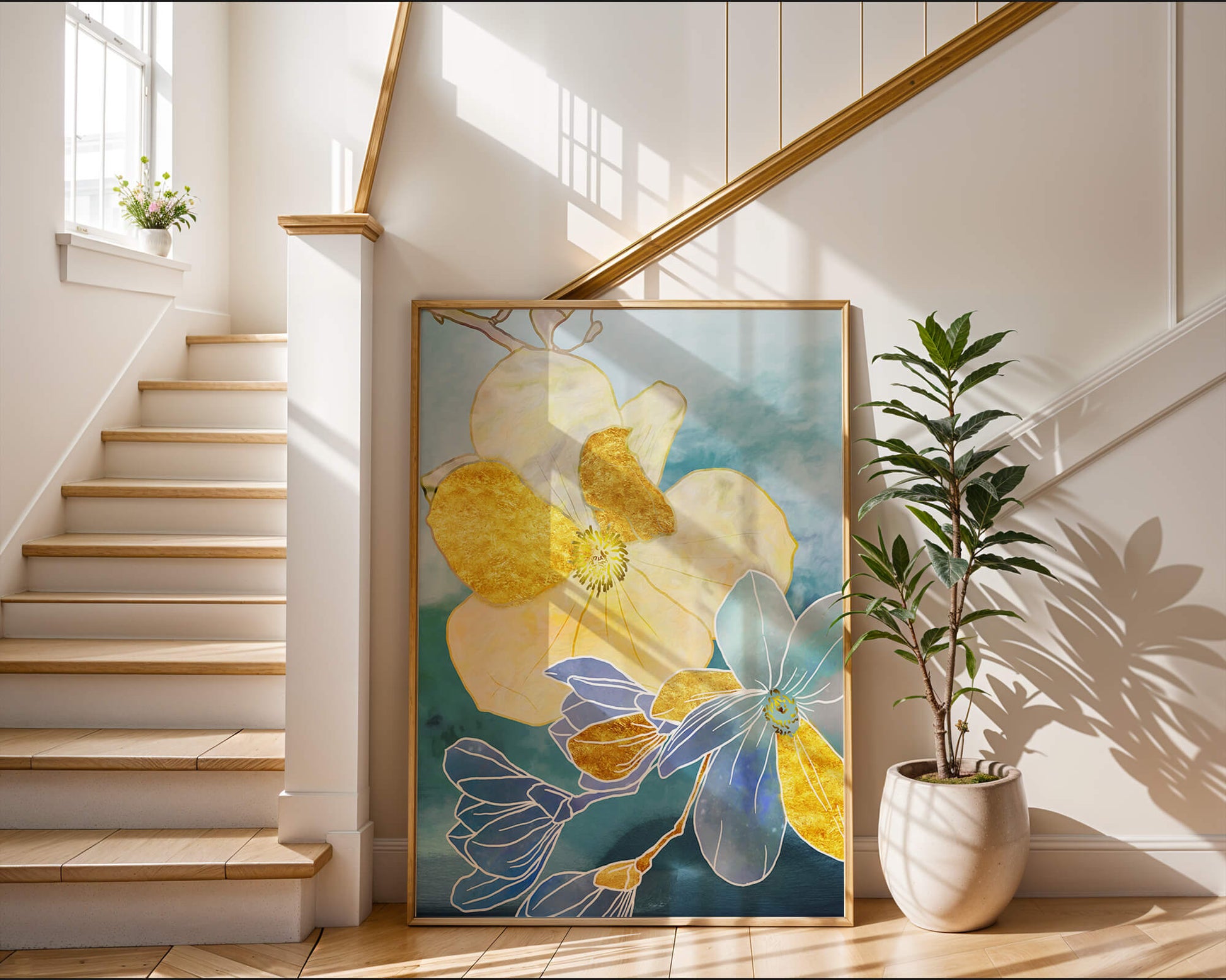 Arte floral abstracto con detalles dorados y tonos azules