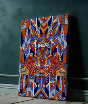 Arte tribal geométrico con colores vibrantes y patrones simétricos