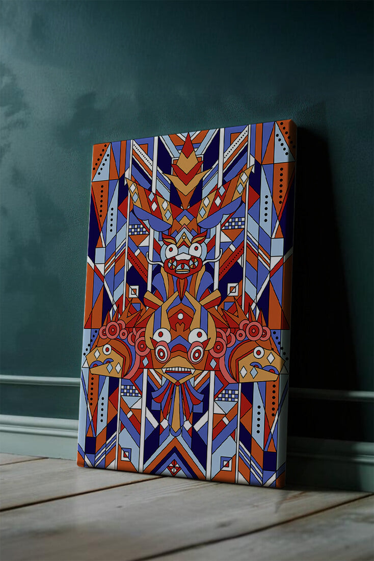 Arte tribal geométrico con colores vibrantes y patrones simétricos