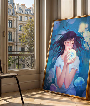 Enchanted underwater scene with girl and glowing jellyfish