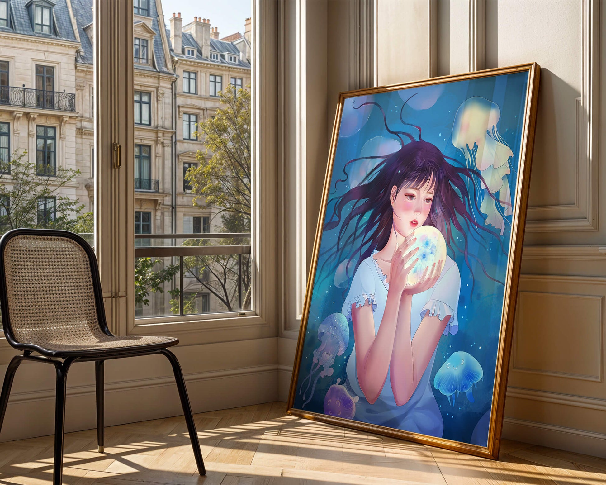 Enchanted underwater scene with girl and glowing jellyfish