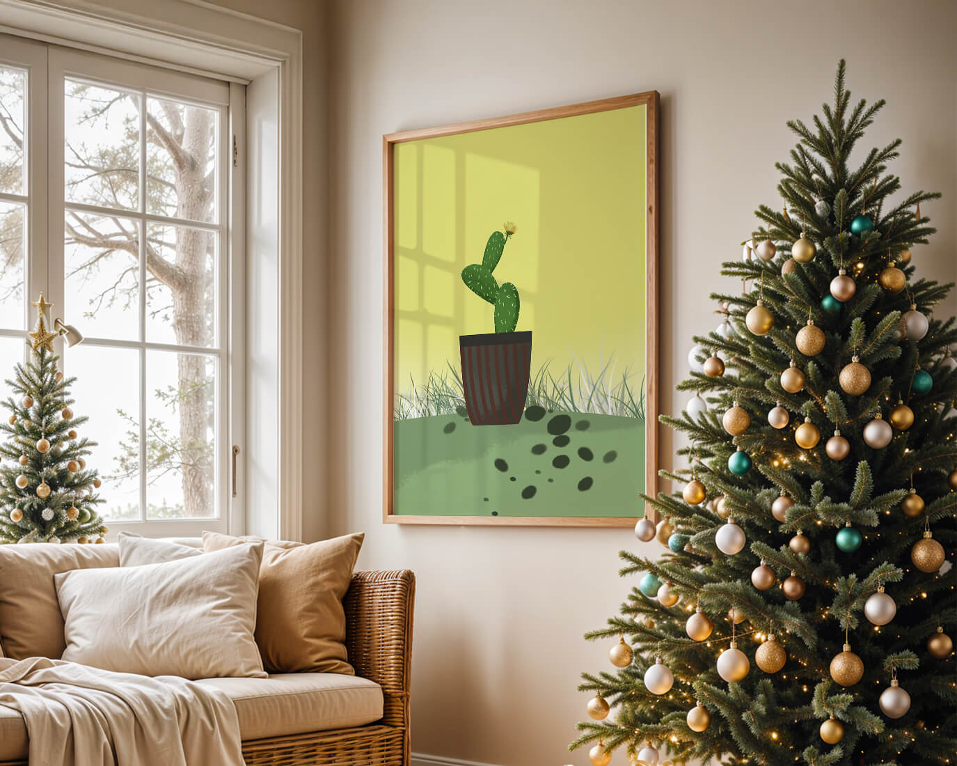Illustration of a potted cactus with flower on soft background