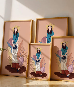 Stylish woman in summer attire with botanical background illustration
