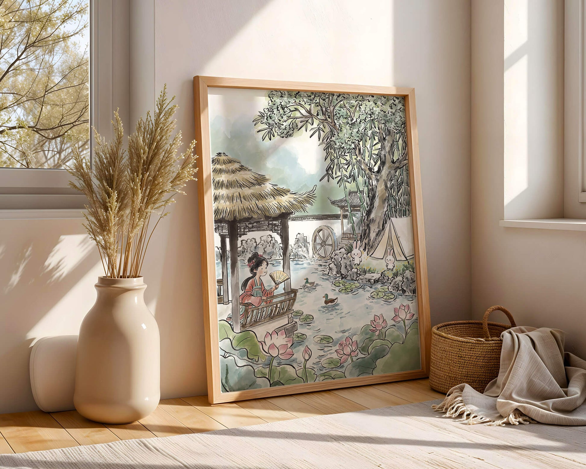 Escena tranquila de jardín con mujer, patos y conejos en un entorno tradicional