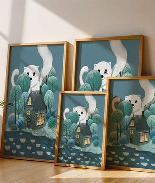Skurrile Illustration eines gemütlichen Hauses, umgeben von Bäumen und einem freundlichen Wesen