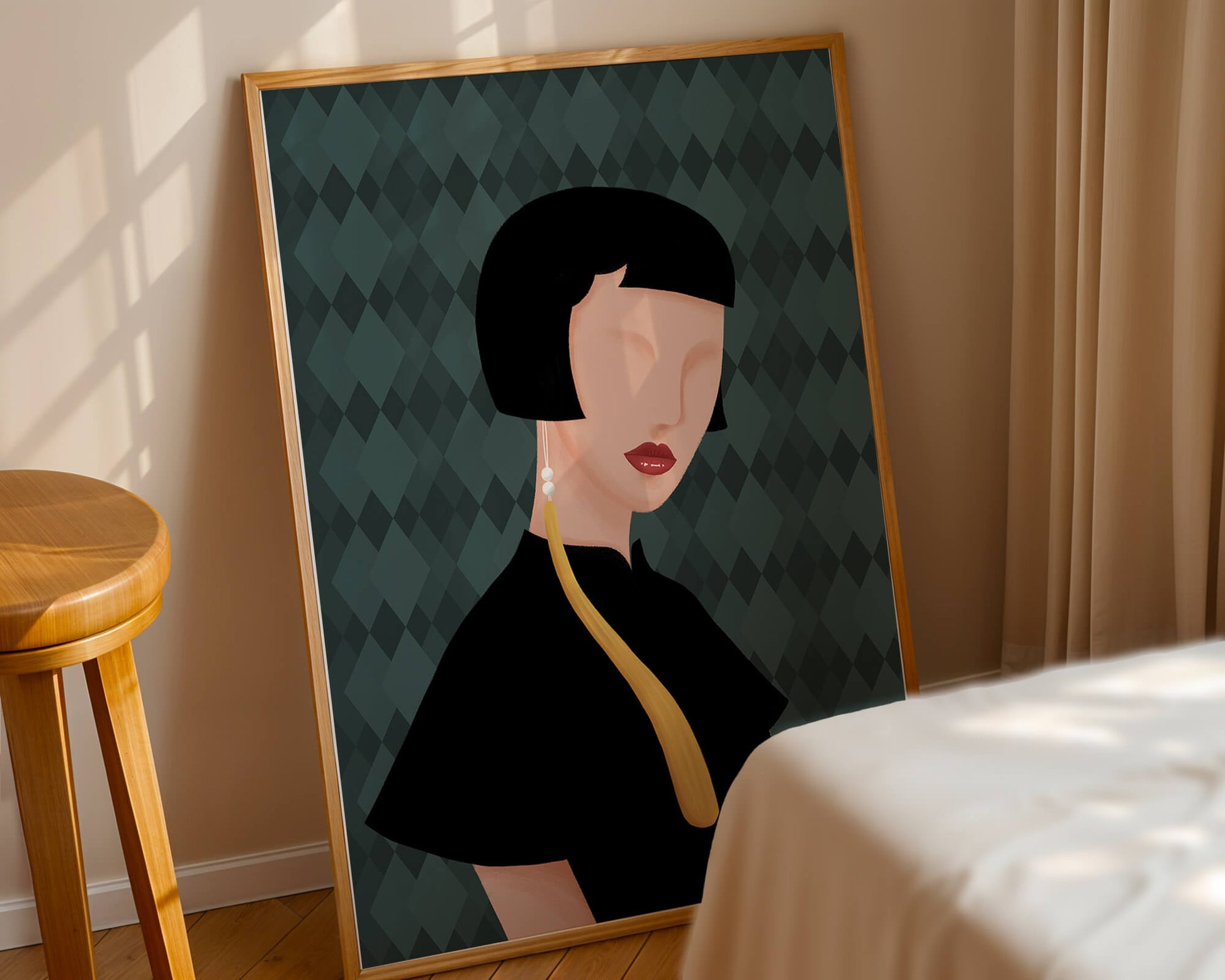Elegant woman with short hair and golden earring on patterned background