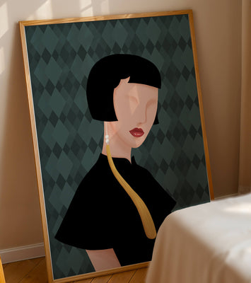 Elegant woman with short hair and golden earring on patterned background