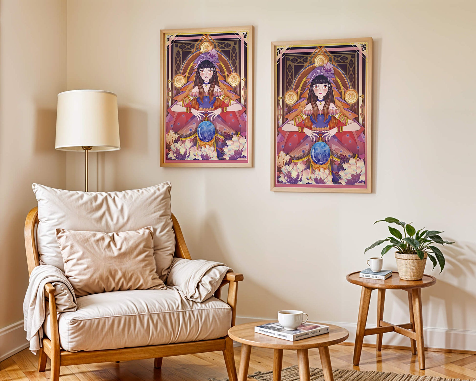 Fantasy Artwork Featuring a Fortune Teller with Crystal Ball and Flowers