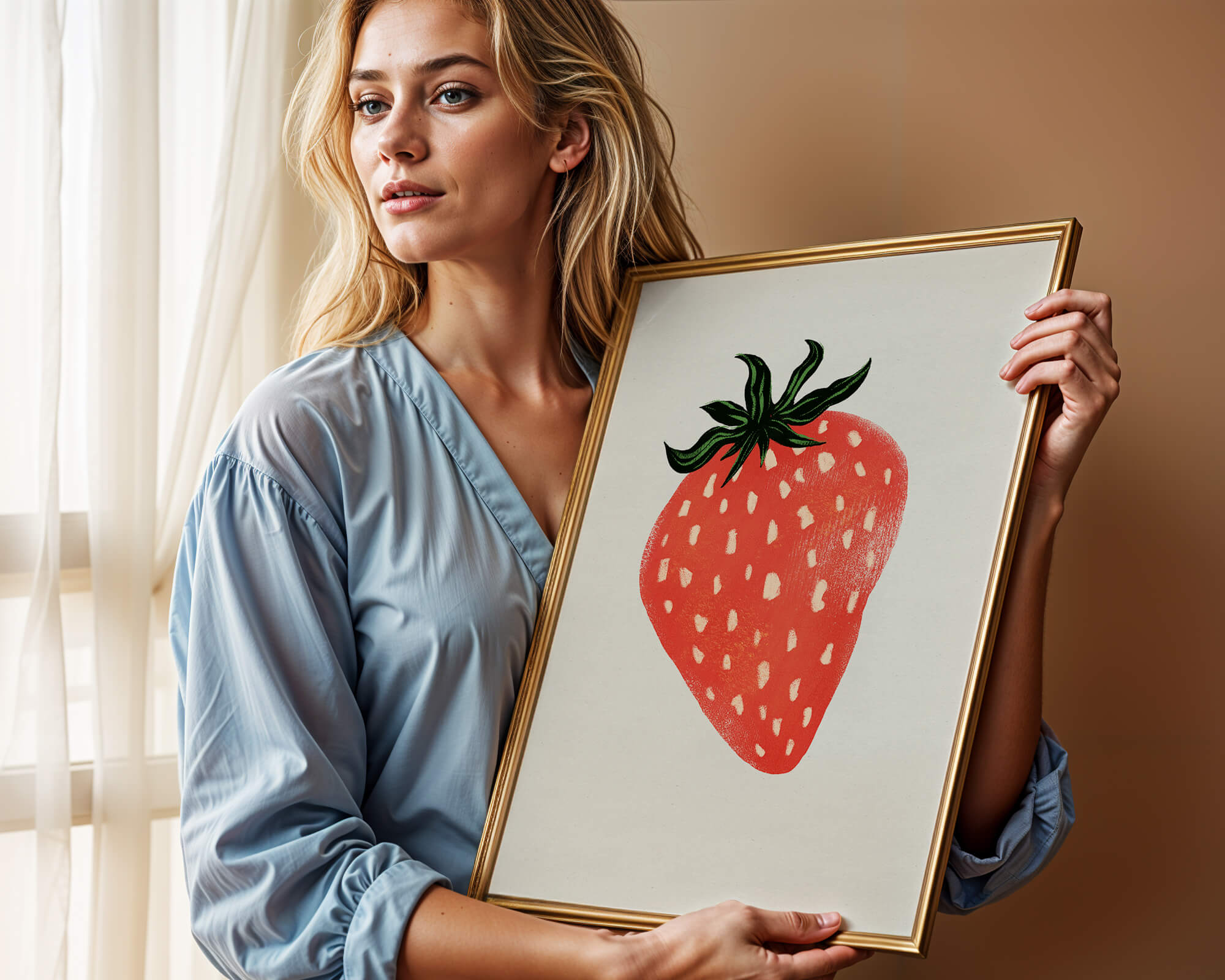 Illustrative design of a vibrant red strawberry with green leaves