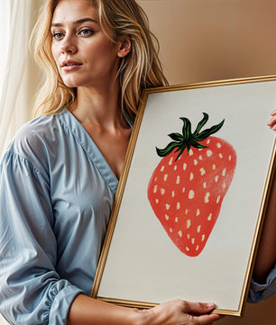 Illustrative design of a vibrant red strawberry with green leaves