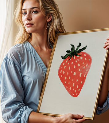 Illustrative design of a vibrant red strawberry with green leaves