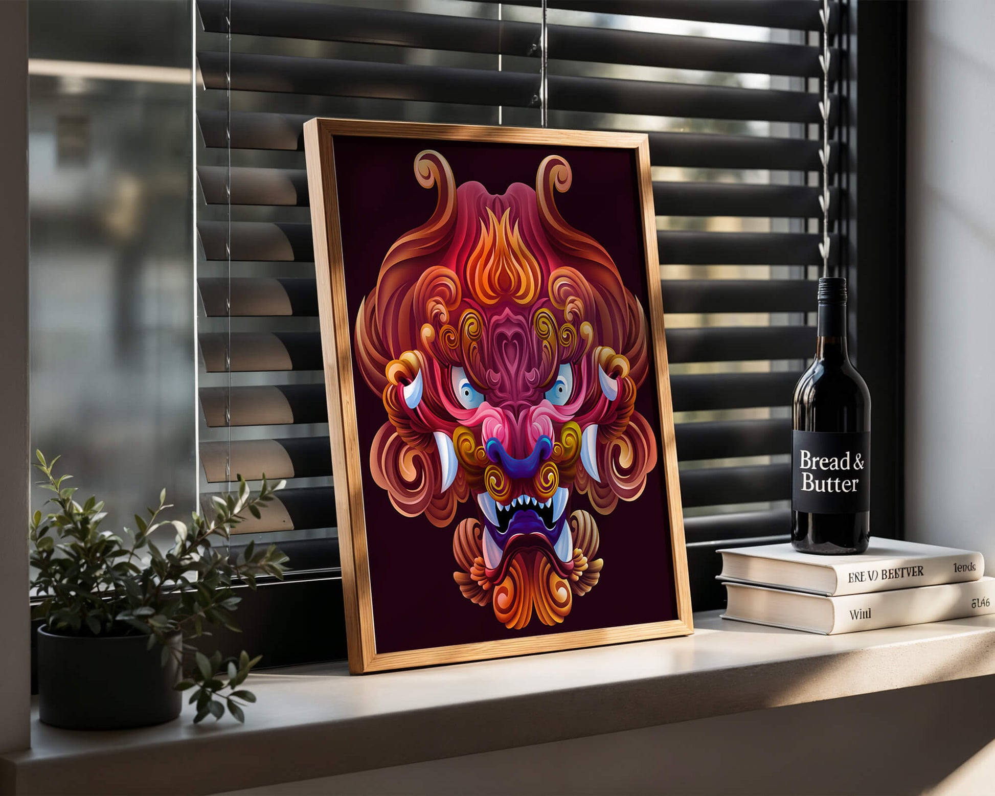 Intricate Colorful Dragon Face Illustration with Swirling Patterns