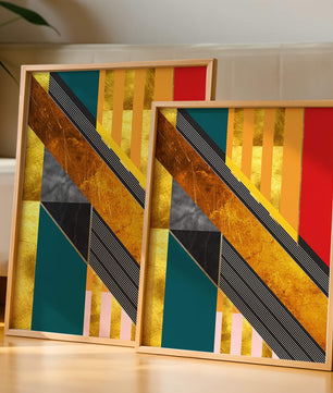 Abstract geometric design with gold accents and vibrant colors