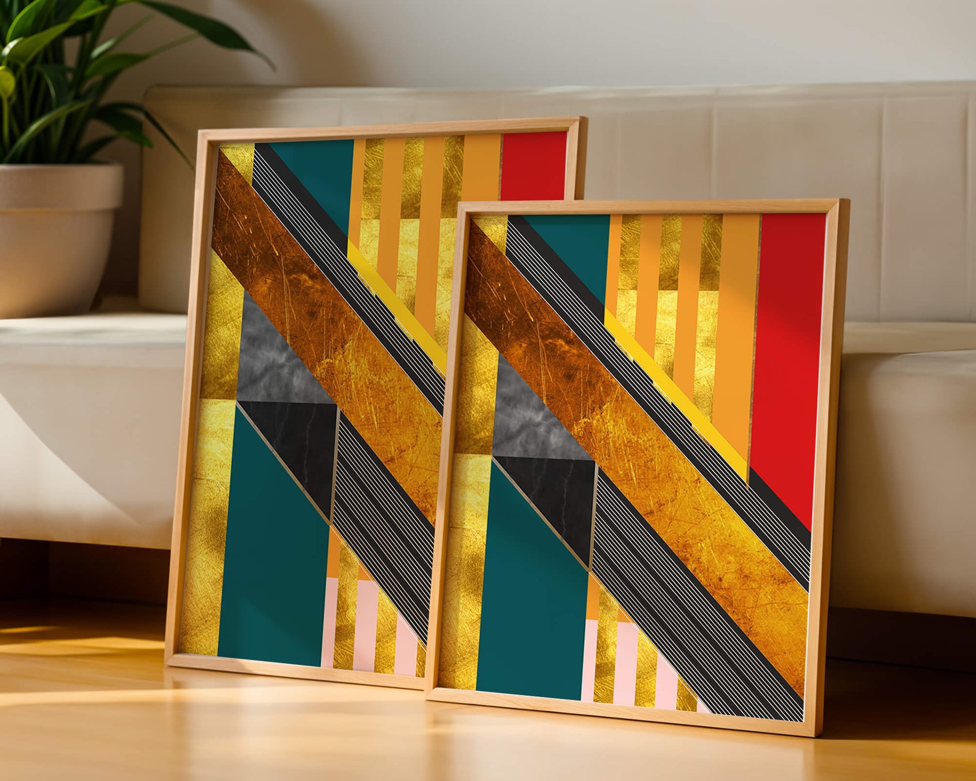 Abstract geometric design with gold accents and vibrant colors