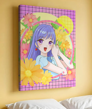Anime-Mädchen mit leuchtenden Blumen und lila Haaren auf buntem Hintergrund