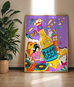 Vibrant Party Scene with DJ and Cartoon Characters