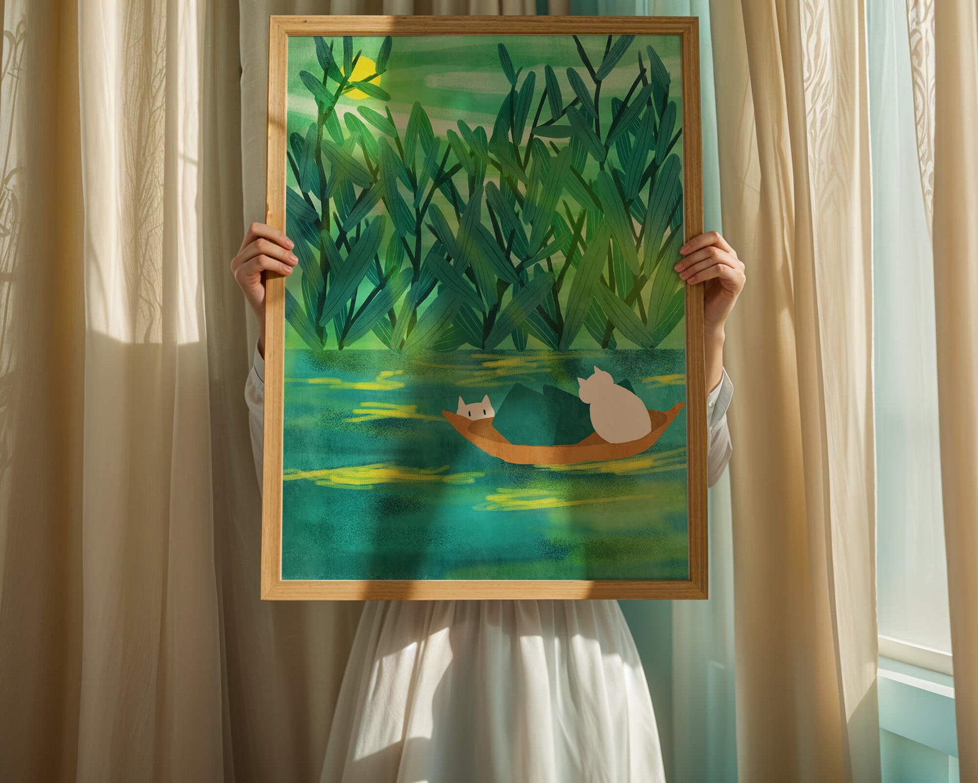 Serene landscape with cats on a boat in lush greenery