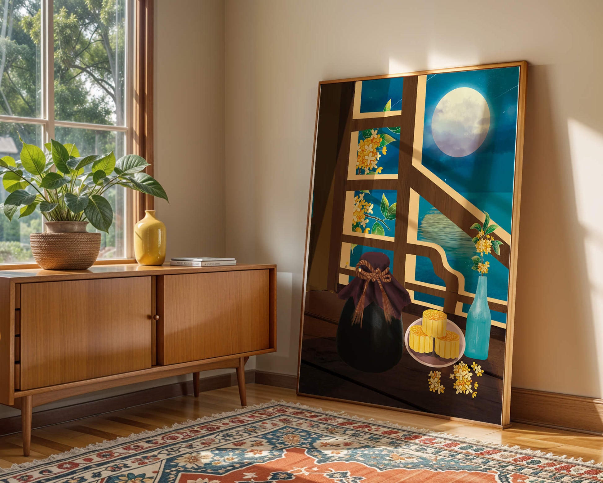 Noche iluminada por la luna con pasteles de luna y decoración floral sobre una mesa de madera