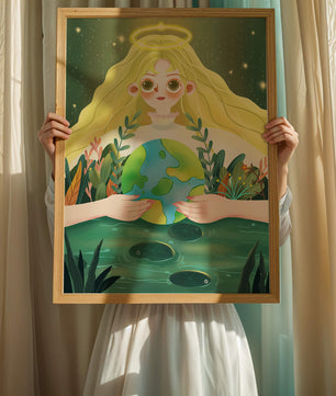 Illustration de la nature paisible avec une figure céleste tenant la Terre