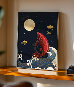 Ilustración artística de peces koi saltando sobre las olas bajo la luz de la luna