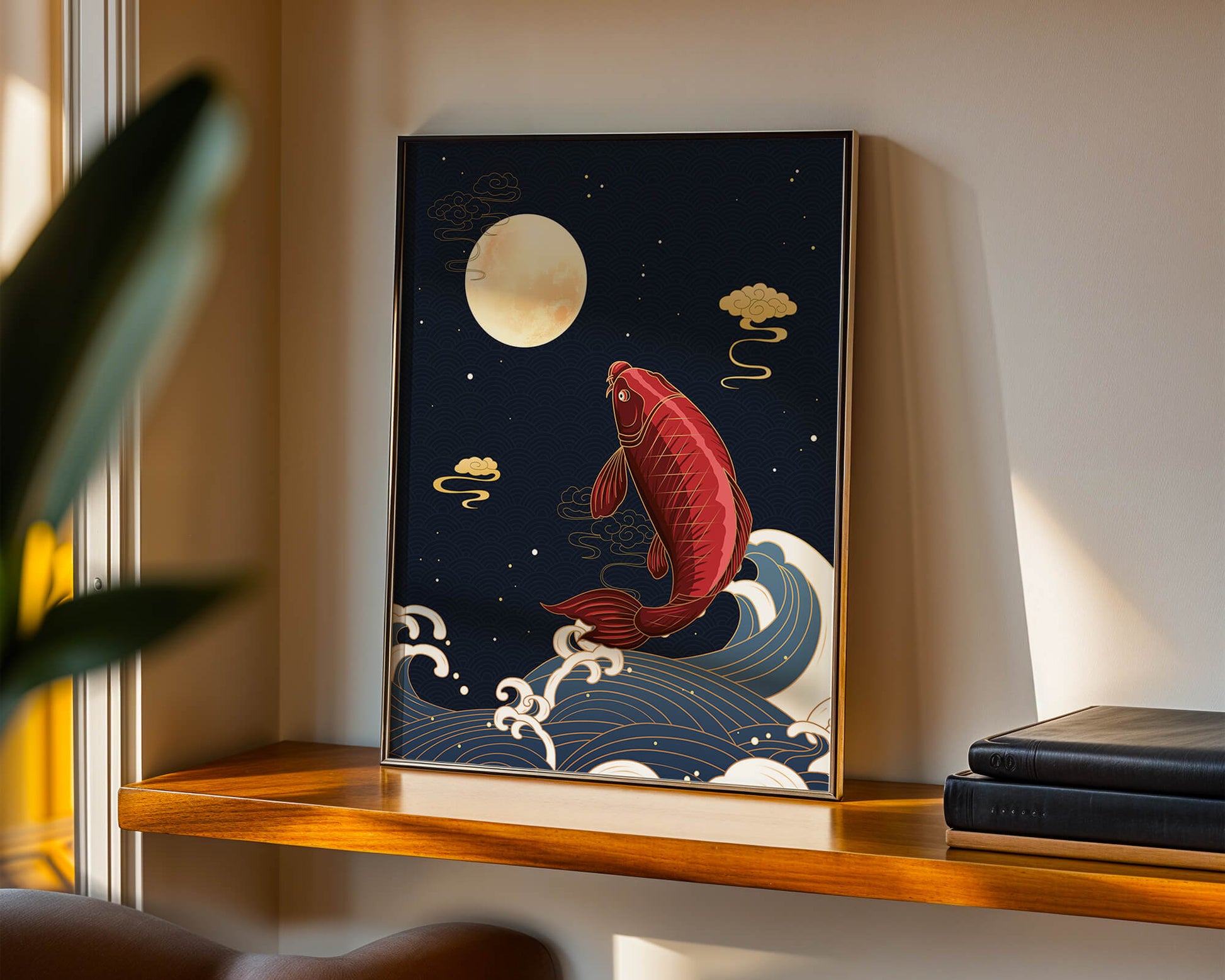 Artistic illustration of koi fish jumping over waves under moonlight