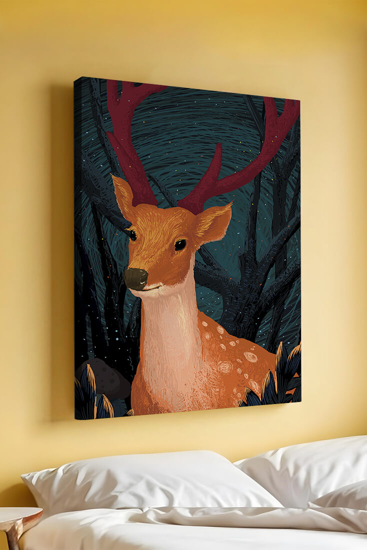 Ilustración de un majestuoso ciervo en un bosque místico