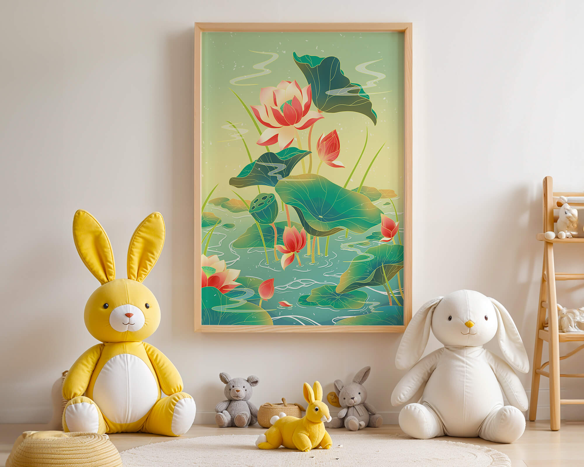 Serene lotus pond with vibrant lilies and lush green leaves
