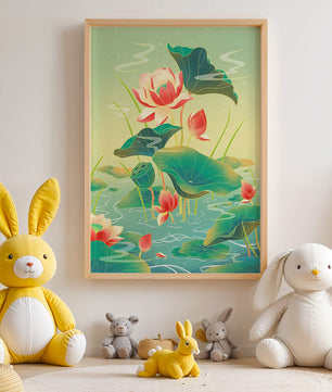 Serene lotus pond with vibrant lilies and lush green leaves
